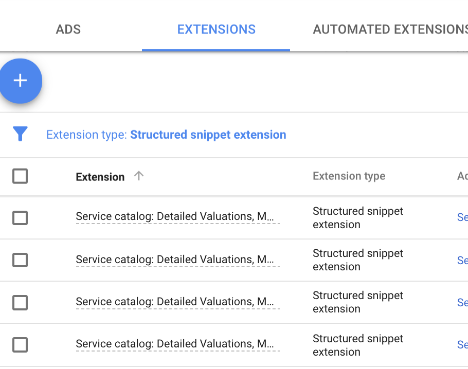 Structured snippet extensions in AdWords
