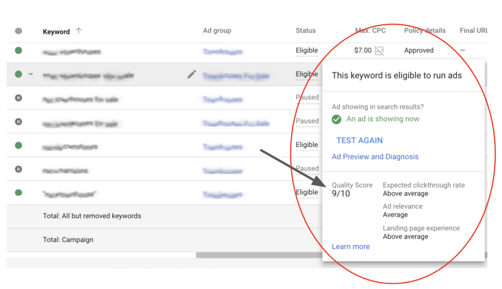 Keyword performance checking Quality Score